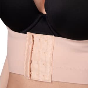 Compression post-operative arm garment with long sleeves suitable to use after liposuction of the arms, armpits, forearms, and upper back, front detail view