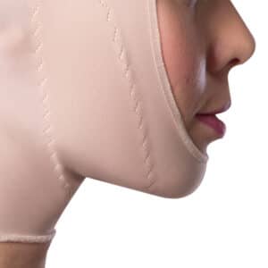 Unisex Face mask - double layer chin, full head coverage, open face and back neck adjustable Velcro fastening, chin view