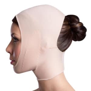 Unisex Face mask - double layer chin, full head coverage, open face and back neck adjustable Velcro fastening, side view